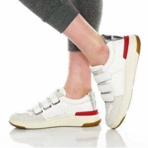 Veronica Beard White and Silver Sneakers with Red Accents
